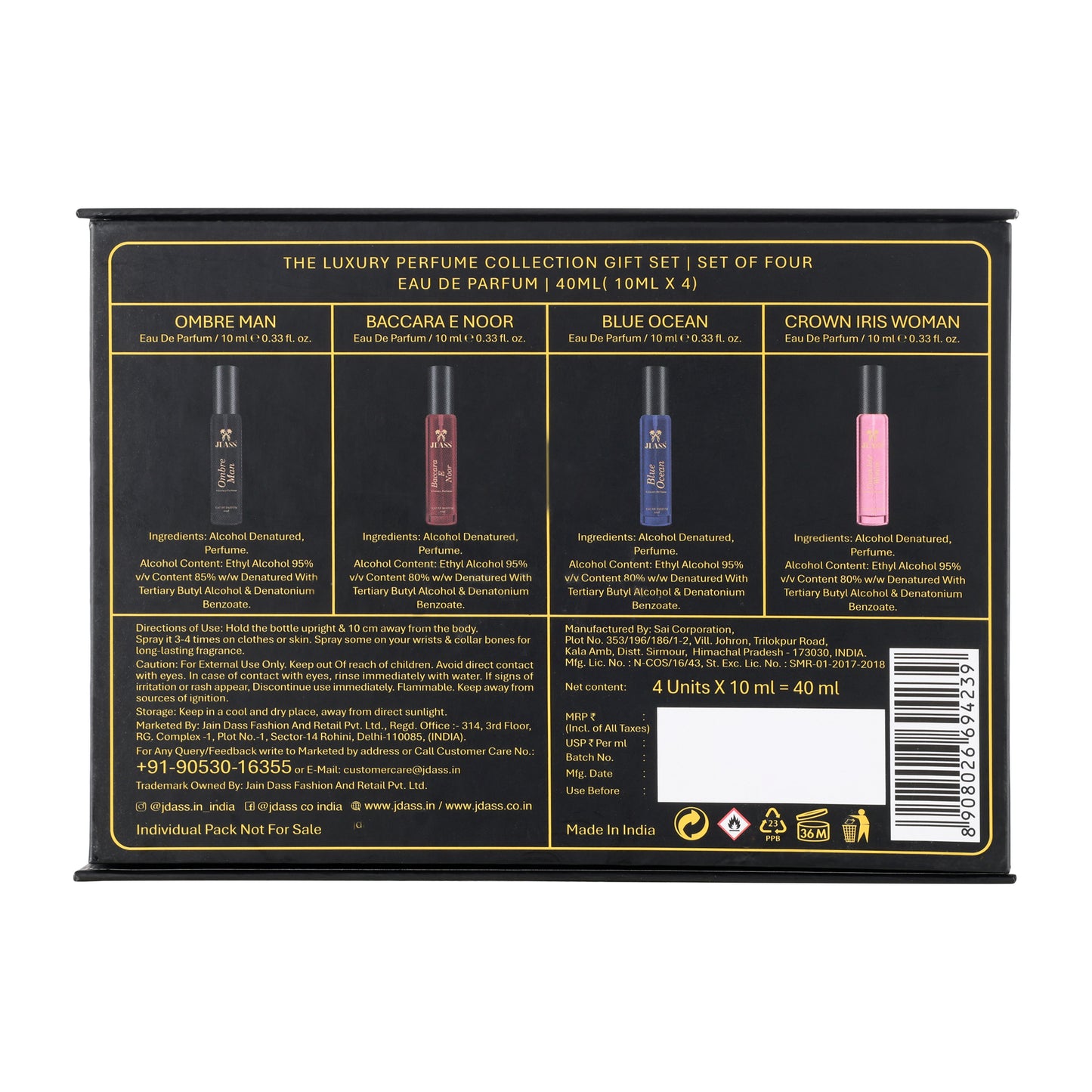 Back view of Jdass luxury perfume collection gift set packaging with perfume names