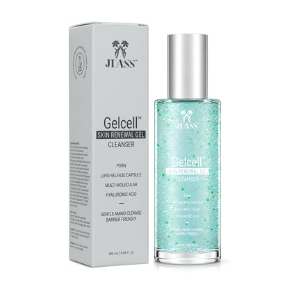 JEASS Gelcell Skin Renewal Gel Cleanser shown with its silver and white packaging box next to a clear bottle containing the light blue-green gel, on a white background.