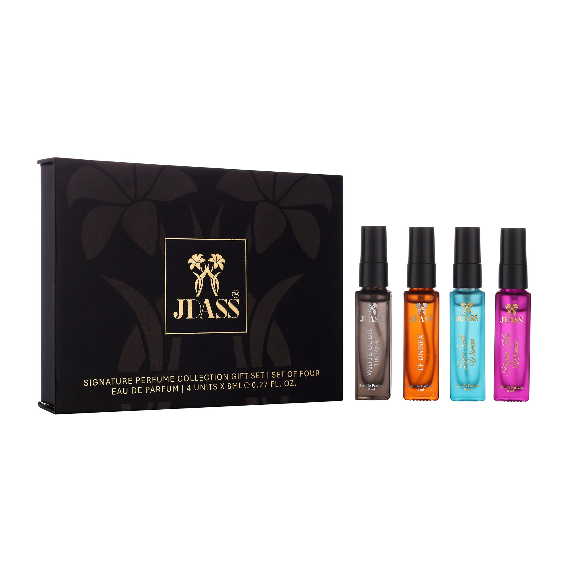 JDASS perfume gift set with four bottles in front of a black box