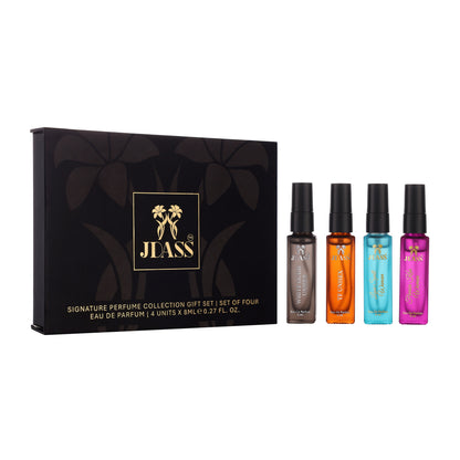 JDASS perfume gift set with four bottles in front of a black box