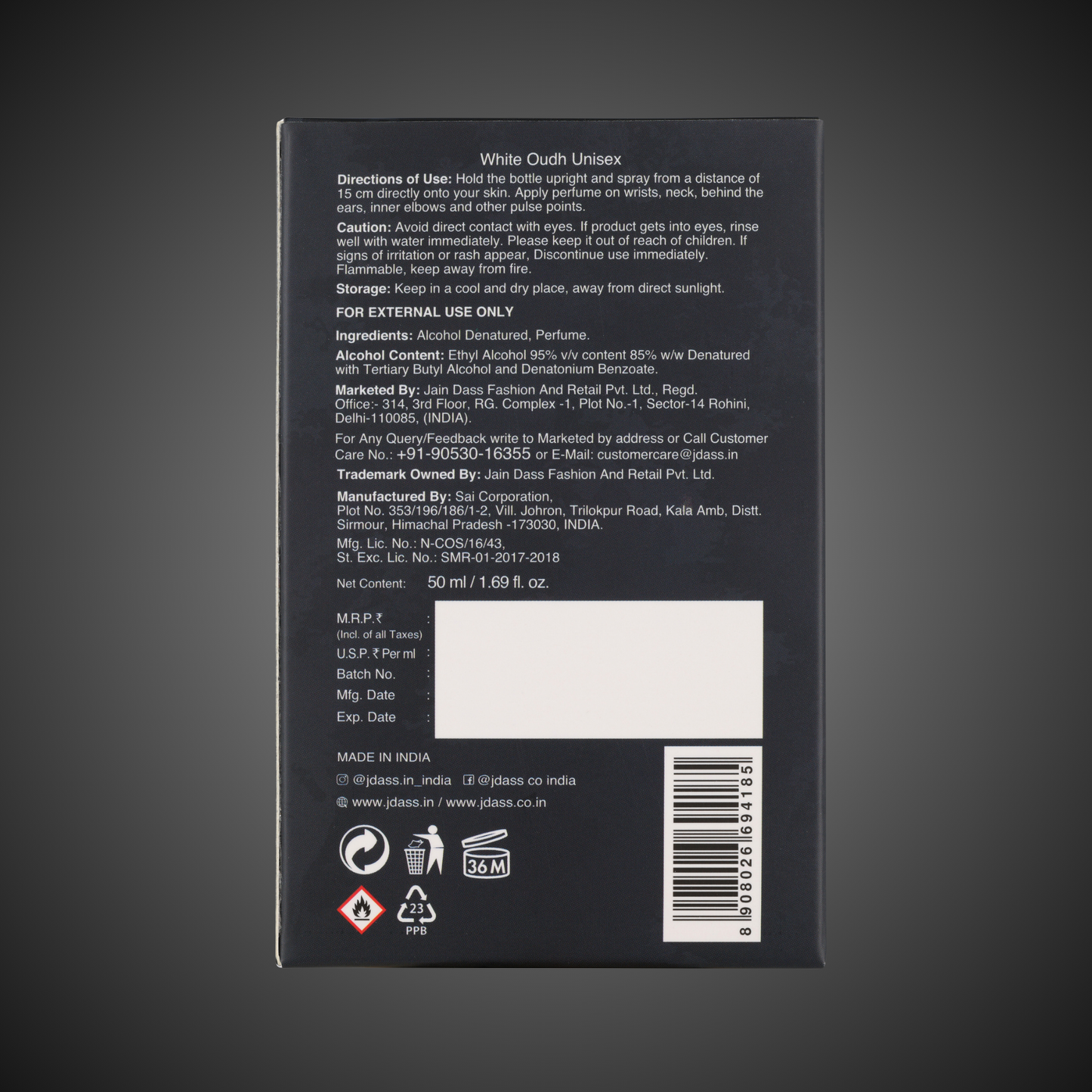 White Oudh Unisex Premium Perfume - 50ml